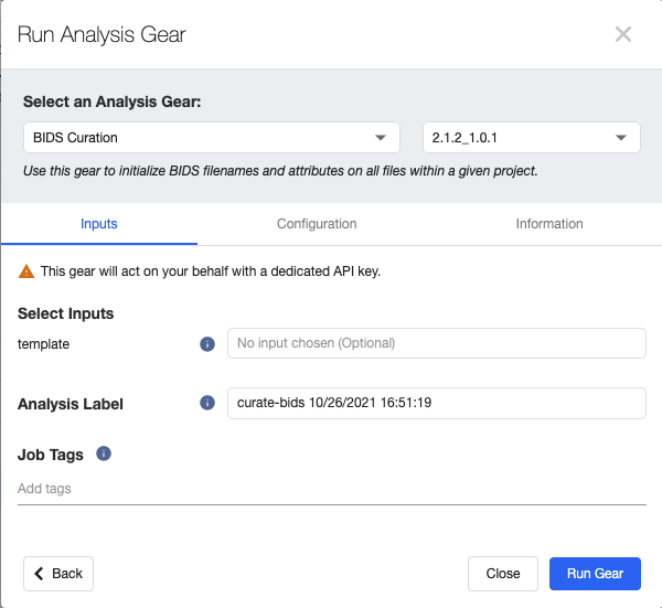 BIDS Curation Gear Configuration Menu