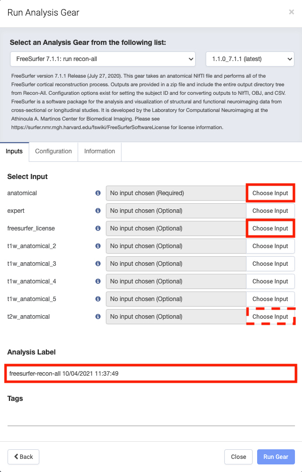 Example of FreeSurfer recon-all's input dialog menu