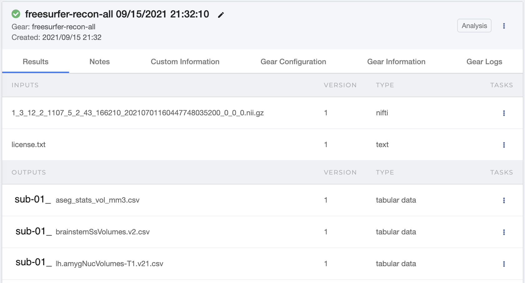 Example of FreeSurfer recon-all analysis gear output