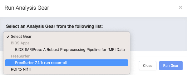FreeSurfer recon-all gear in the gear selection dropdown menu